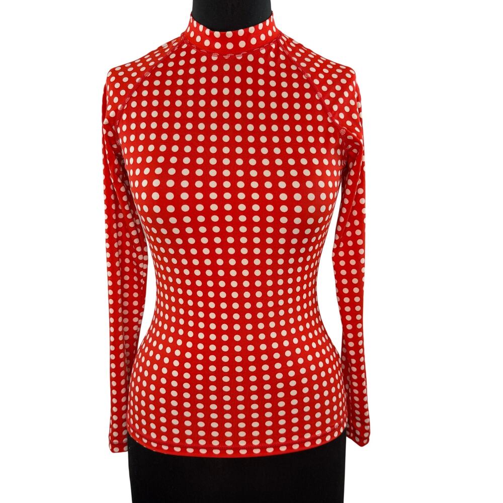 J.Crew Rash Guard Red White Top Stretch Polka Dot Mock Raglan Sleeve M Medium